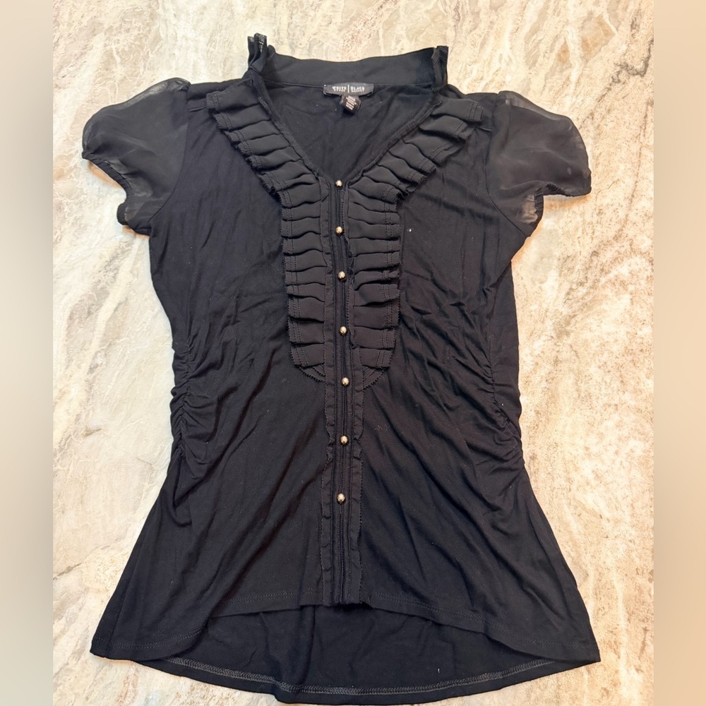 White House Black Market Black Ruffle Front Blouse | Gold Buttons | S